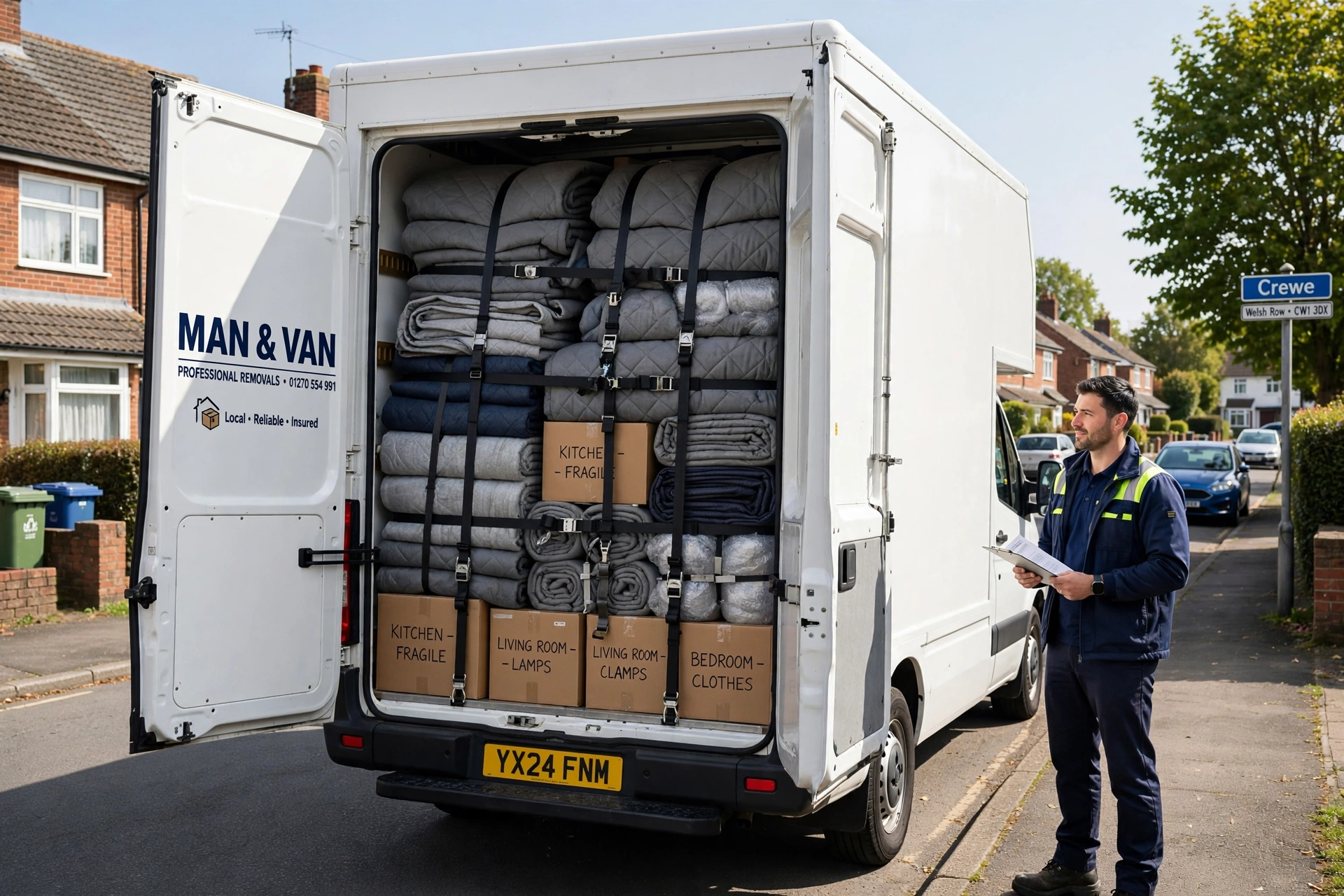 Clean white Luton van fully loaded and strapped, professional man and van Crewe
